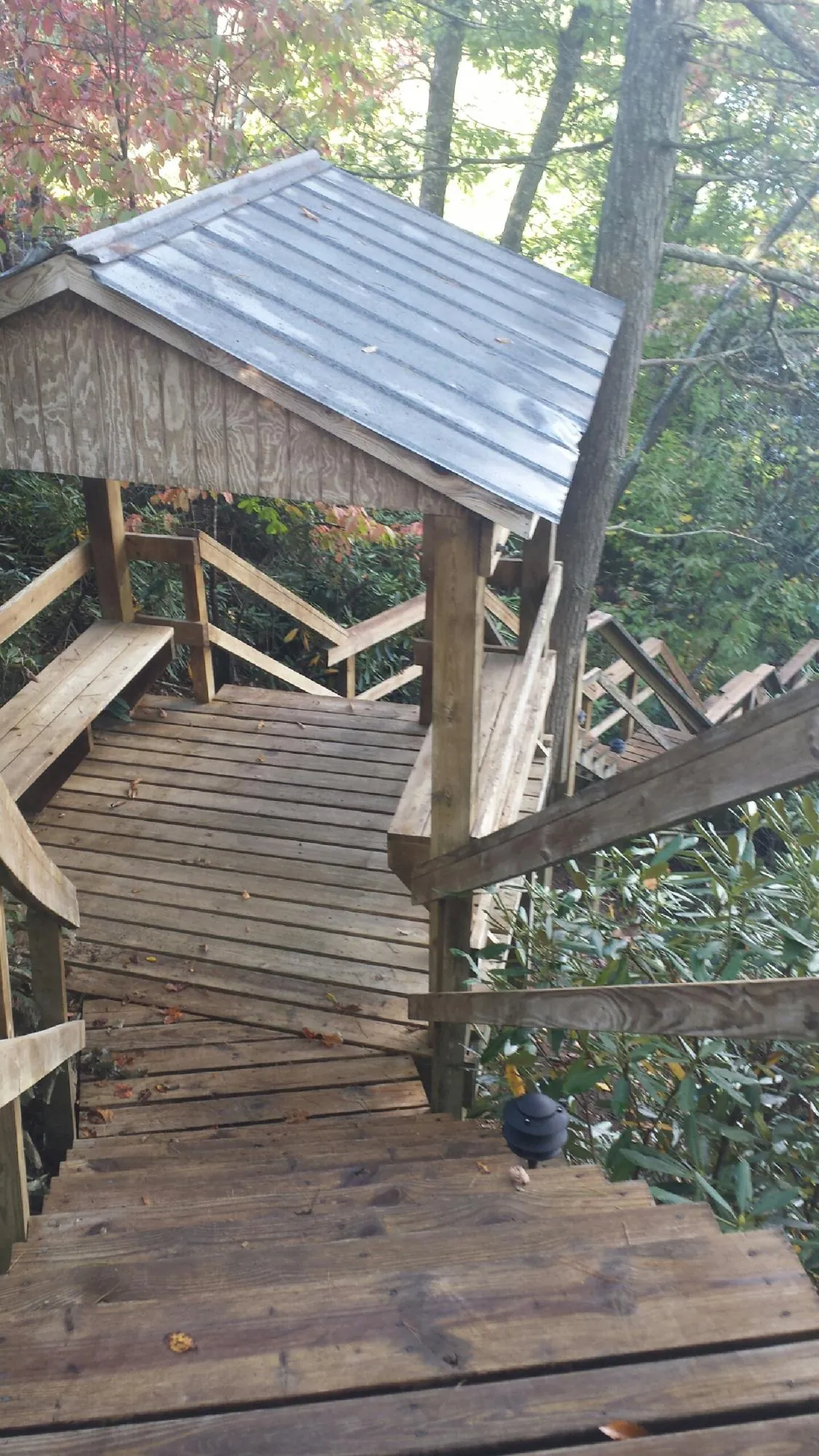 Metal roofed shelter over wooden steps on a wooded walkway — Skylight Repair & Installation work by our crew in New Millport
